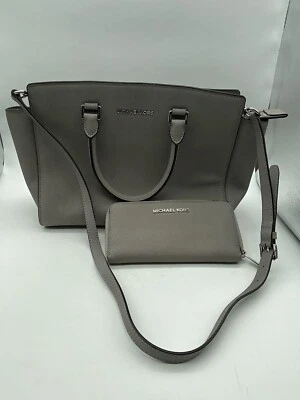 Michael Kors SELMA Gray Saffiano Leather Zip Top Shoulder Bag Handbag & Wallet Foto 1 de 4