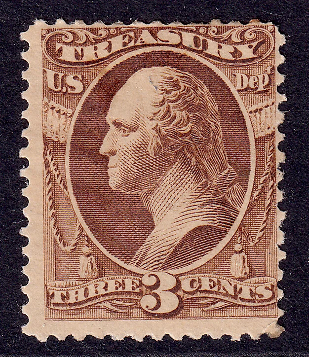 US Scott O109, 1879 Washington 'Treasury', 3c brown, H MINT - Image 1 of 1
