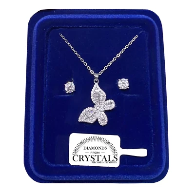 Collana Farfalla con Orecchini pl. oro Bianco 18k con Cristalli Zirconi T/09 - Immagine 1 di 4
