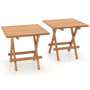 2 PCS Patio Folding Side Table Indonesia Teak Wood Square Slatted Tabletop - Picture 1 of 8