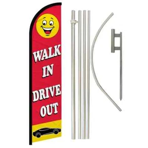 Walk In Drive Out Windless Full Curve Advertising Banner Flag & Pole Kit (Red) - Picture 1 of 9