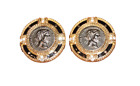 Swarovski Swan Signed Black Enamel Roman Coin Crystal Gold Tone Clip On Earrings
