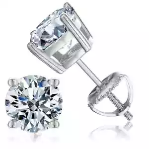 18K White Gold 3 Carat Round Moissanite Screw Back Stud Earrings Plated - Picture 1 of 8