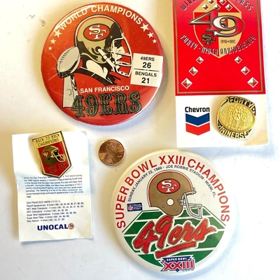 SF 49ers 4 Vtg NFL Super Bowl Button Pin Lot XXIII XXIV B2B Chevron x5 Gold Ring - Image 1 of 4