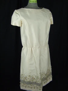 Vtg 60s Beige Shantung Silk Heavy Beaded Sheath Party Dress-Bust 37/XS-S - Picture 1 of 12