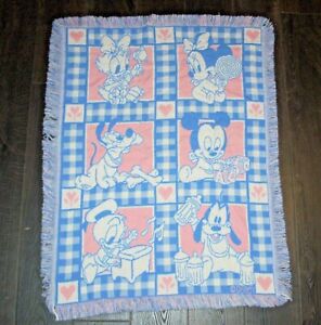 Avon Disney Babies Pink Blue Tapestry Baby Blanket Mickey Minnie Donald Fringe