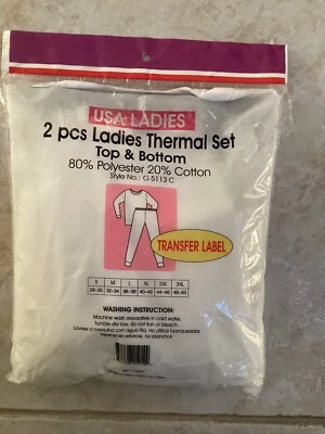 USA LADIES 2 piece Thermal Set NEW.  M 32-34.  Long Sleeve.  Poly/Cotton. White - Image 1 of 2