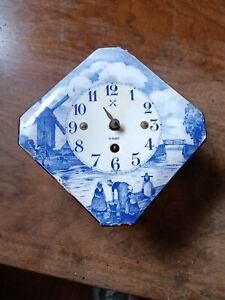 Antique Germany Delft Enamel Metal Blue & White Diamond Shaped 8 Day Clock Face