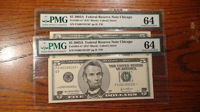 TWO 2003A CHICAGO Five Dollar PMG CH UNC 64 Federal Reserve STAR NOTES $5 BILLS! - Image 1 of 4