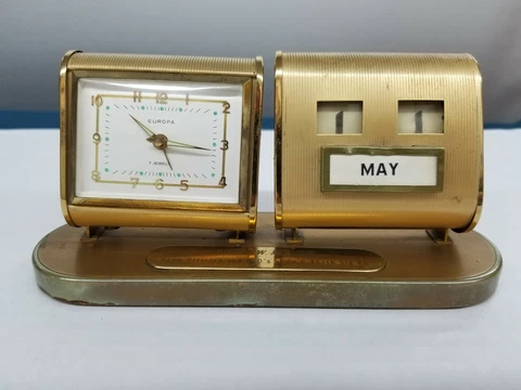 1950's Europa Brass Desk Calendar Alarm Clock Works 447th Army Gift Shelf X Cover