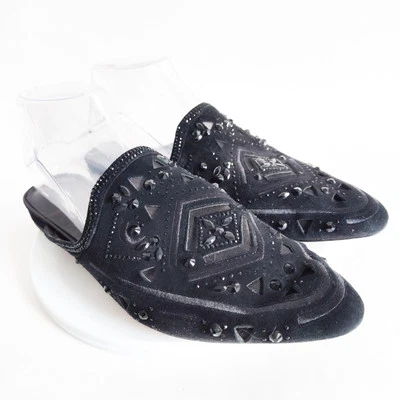 Sole Society Leather Beaded Black Slip-on Flat Pointy Toe Mules Size 8M Art Deco - Image 1 of 4