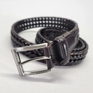 Fossil Leather Belt 34 Woven Braided Brown 100153 0617 Distressed - Picture 1 of 15