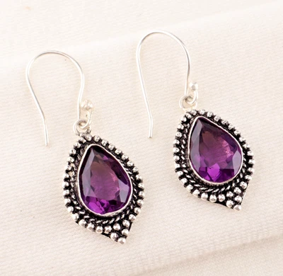 African Amethyst Gemstone 925 Sterling Silver Handmade Jewelry Earrings 1.60" - Image 1 of 4