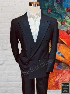 Vtg Christian Dior Monsieur 41R 34x31 Blue w/ Stripe Double Breasted Power Suit - Image 1 of 4