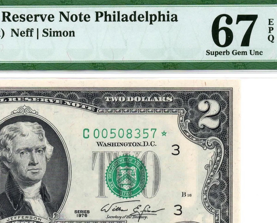 1976* $2 Philadelphia STAR Federal Reserve Note FRN • 1935-C* PMG 67 EPQ - Image 1 of 3