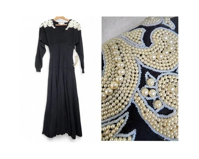 1980s Black Sweater Knit Pearl Embellished Vintage Dress By Nancy Johnson Size M - Image 1 of 4