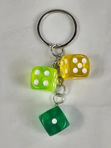 Keychain Keyring Triple Dice Green Yellow Silver Tone Lucky Casino Games - Picture 1 of 12