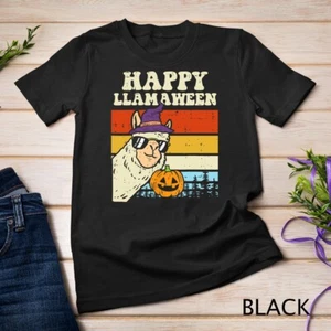 Happy Llamaween Llama Witch Retro Halloween Alpaca Animal Unisex T-shirt - Picture 1 of 15
