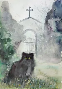 Original Aquarell Gemälde Halloween Wandbild Schwarze Katze Aquarell Gemälde - Bild 1 von 7