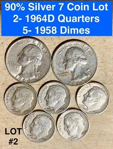 90% Silver 7 Coin Lot  2- 1964 D Quarters  5- 1958 D Dimes Lot #2 - Picture 1 of 2