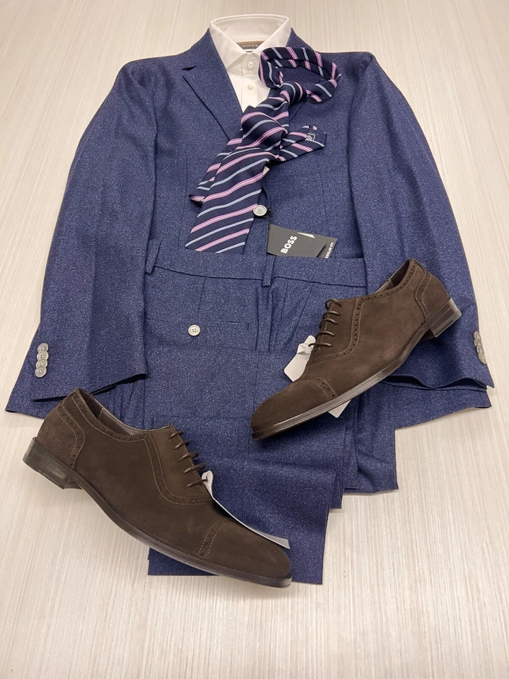 HUGO BOSS NAVY MELANGE 2B SUIT SIZE 40R  — GUABELLO 1815 ITALIAN FABRIC - Image 1 of 4