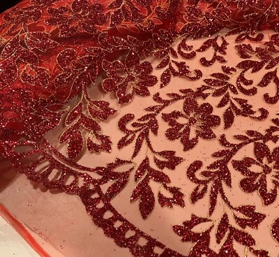 RED GOLD Floral Glitter Mesh Fabric 50" width 1 Yard - Image 1 of 4