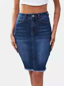 Casual Blue Raw Hem Denim Skirt Slim Fit High Waist Slash Pockets Stretch Size M - Picture 1 of 5