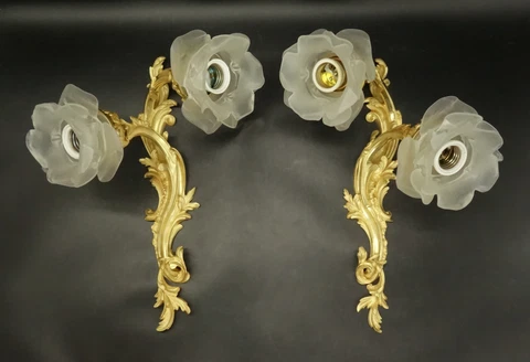 LARGE PAIR OF SCONCES ROCOCO STYLE END 19TH - BRONZE & GLASS - FRENCH ANTIQUE Cover