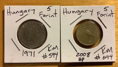 1971 & 2008 Hungary 5 Forint Coins KM#594 KM#694 – Lot of 2 Budapest Mint - Image 1 of 2