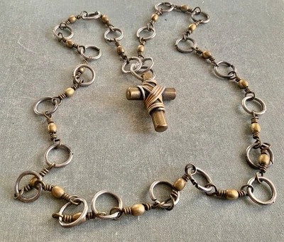 Superb BRUTALIST Wire Rapped Brass/Metal Cross Pendant Necklace 32” France - Image 1 of 4
