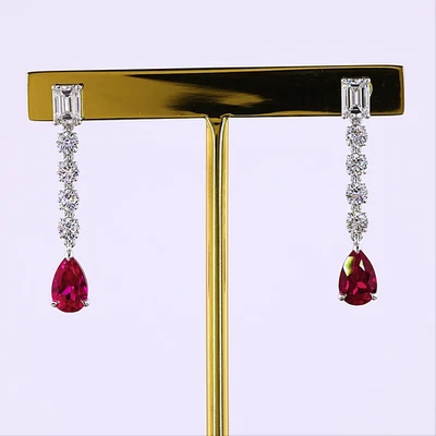 Lab-Grown 1.52 Carat MIX Rubby-VS1 Diamond 14K White Gold Hanging Earrings - Image 1 of 2