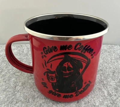 Taza de café roja esmaltada BLACKOUT COFFEE CO 12 OZ Dame café o dame la muerte Foto 1 de 4