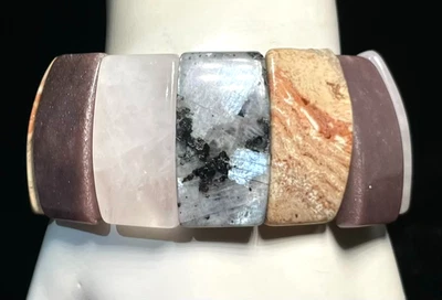 Chunky Gemstone Bracelet Rose Quartz Picasso Jasper Labradorite Stretch Bold 7" - Image 1 of 4