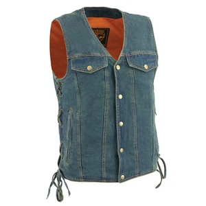 DM1360 Men's BLUE Classic Snap Front Denim Vest with V-Neck Collar & Gun Pocket - Picture 1 of 4