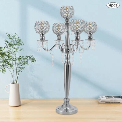 4 Pcs 5 Arm Crystal Candelabra Centerpieces Silver Candle Holder Freestanding - Image 1 of 4