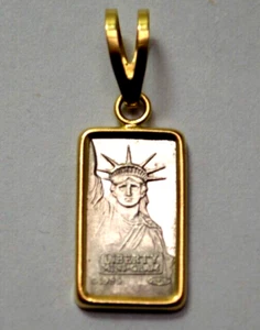 1985 Credit Suisse Liberty Mini Gram 1g 999.5 PL Bar in 14k Gold Bezel Pendant - Picture 1 of 6
