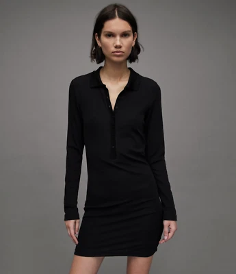 All Saints Womens Ribbed Mini Dress Holly Black Collar Polo Slim Fit Button L/S - Image 1 of 4