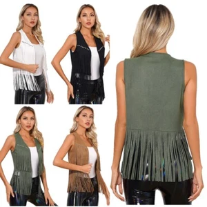 Women's Cowgirl Costume Sleeveless Fringe Waistcoat Cowboy Sheriff Tassel Vest - Picture 1 of 58