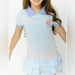 Lola + The Boys Girls Blue Polo Ruffle Dress Smiley Face 100% Cotton Size 6 - Picture 1 of 13