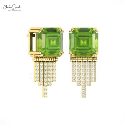 14k Real Gold Drop Earrings 12 CTW Peridot & Diamond Stud Wedding Gift For Women - Image 1 of 4