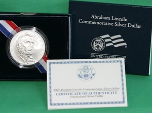 2009 P Abraham Lincoln BU Commemorative 90% Silver Dollar Coin Box and COA UNC - Picture 1 of 3