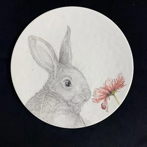 Pier 1 SKETCH ART BUNNY 8.5" Salad Plate Rabbit Pink Flower & Ladybug - Picture 1 of 3