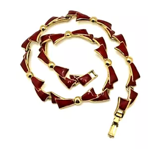 Vintage Red Enamel Bow Links Choker Necklace Gold Tone Collar Statement 16" - Picture 1 of 10