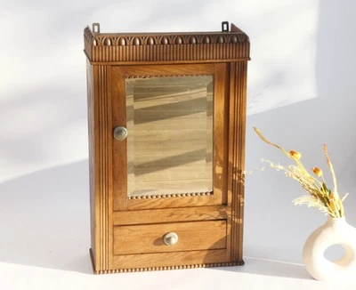 Antique Art Deco Wooden Wall Cabinet with Beveled Mirror, Carved Oak Apothecary - Image 1 of 4