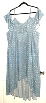 REWIND 3X Blue Print Maxi Dress Ruffled Cold Shoulder Straps Hi-Lo Hem NEW - Image 1 of 4