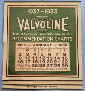 Calendrier mural à suspendre huile Valvoline vintage original 1937 - 1938 erreur d'impression ? - Photo 1/10