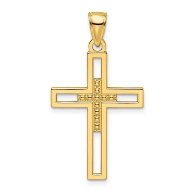 Colgante con dije de doble cruz pulida con cuentas de oro amarillo de 14k L 36,33 mm, W 20 mm Foto 1 de 4