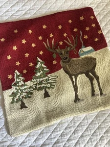 Pottery Barn Christmas Crewel Pillow Cover Reindeer Trees Embroidered 18X18 - Picture 1 of 9
