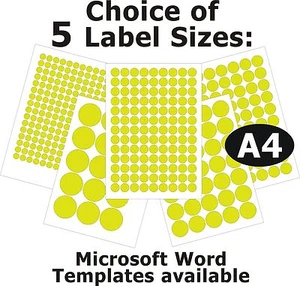 FLUO YELLOW Round Laser Copier Inkjet Labels 5 A4 Sheets Self-Adhesive Stickers - Bild 1 von 1