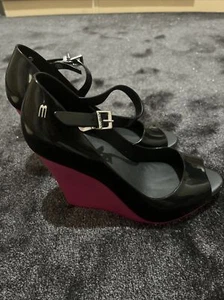 Melissa Prism Black Patent With Pink Wedge Peep Toe Shoes Size 39 - Picture 1 of 10